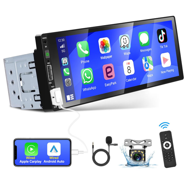 Podofo Car Radio 1 Din with CarPlay, Bluetooth, Android Auto, with 6.86 inch Screen Car Radio Display Supports FM Mirror Link, Rear View Camera and Microphone