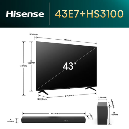Hisense 43E7NQ 108 cm (43-tollise) teleri komplekt, 4K UHD, QLED, HDR10, HDR10+ dekodeerimine, HLG, Dolby Vision Atmos, 60Hz paneel, sujuv liikumine, Bluetooth HS3100