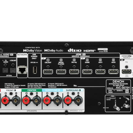 Denon AVC-S670H 5.2-kanaliga AV-ressiiver, Dolby Surround heli, 6 HDMI sisendit ja 1 väljund, 8K HDMI, Bluetooth, Wi-Fi, AirPlay 2, HEOS Multiroom, Alexa ühilduv, must