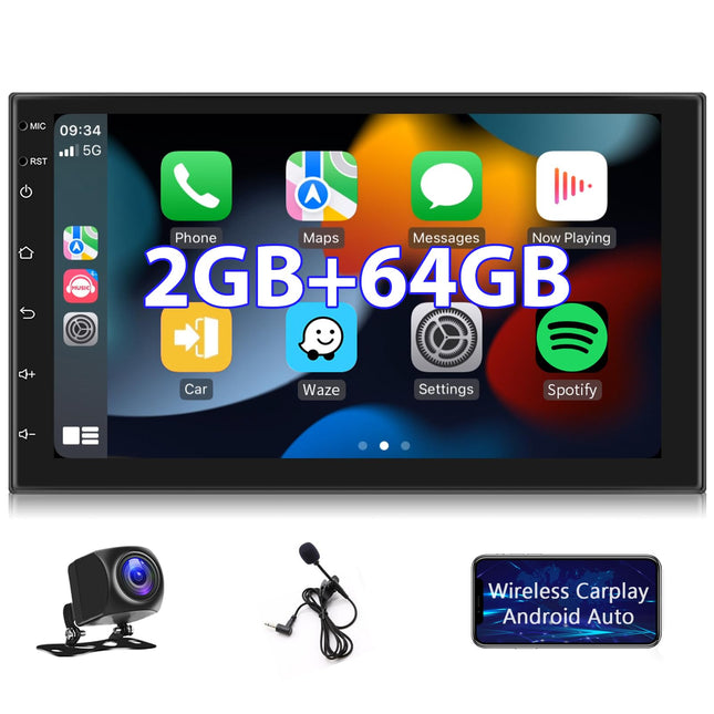 Android autoraadio 2G+64G juhtmevaba Carplay Android Auto kahe DIN-mäluga raadio satelliitnavigatsiooniga 7-tolline puutetundlik ekraan GPS navigatsioon Bluetooth WiFi FM RDS meediavastuvõtja tahavaatekaamera ISO-adapterkaabel