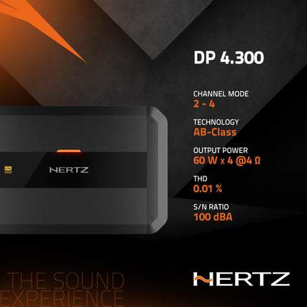 Hertz Dieci Power DP 4.300 – 4-kanaliline AB-klassi võimendi, mille RMS-võimsus on 4 × 105 W 2 Ω juures, Hi-Res Audio sertifikaat, reguleeritavad kõrg- ja madalpääsfiltrid (50–4000 Hz)