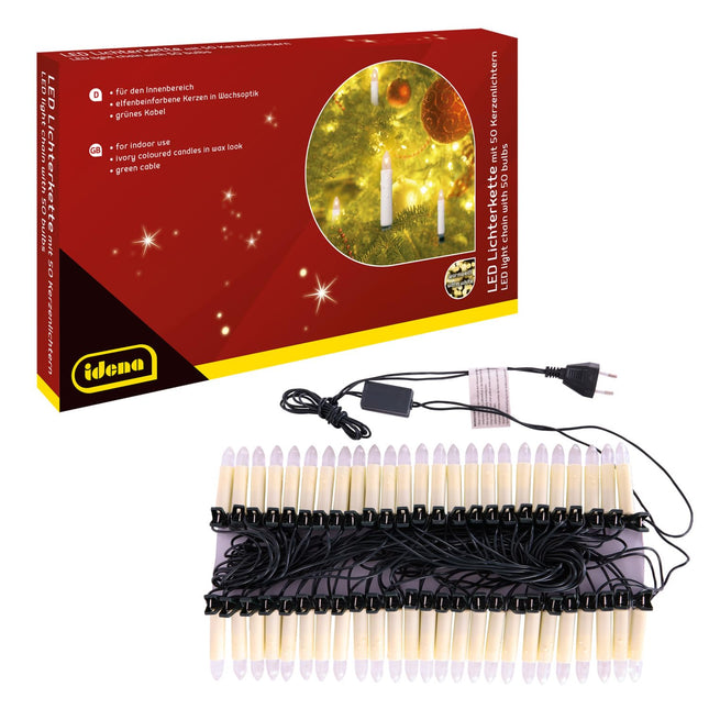 Idena 31839 - LED-valguskett 50 küünlatulega, elevandiluu värvi küünlad kinnitusklambritega, umbes 26 m pikkused, sisekaunistus, jõulukaunistus ja jõulupuu valgustus