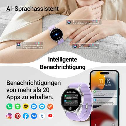 Naiste nutikell ümmargune telefonifunktsiooniga - 1,32-tolline AMOLED-ekraan, fitnesskell 110+ spordirežiimi ja 3ATM-iga, aktiivsusmonitor iPhone'ile/Androidile sammulugejaga, pulsimõõtja/SpO2/unemonitoriga - lilla