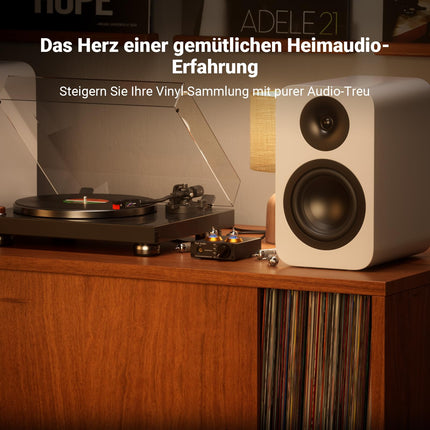 Fosi Audio BOX X2 fonotoruga eelvõimendi, HiFi eelvõimendi MM-plaadimängijatele võimenduse regulaatoriga, vahetatav vaakumtoru, MM/3,5 mm AUX-sisend, mini fonotoruga eelvõimendi DC 12V toiteplokiga