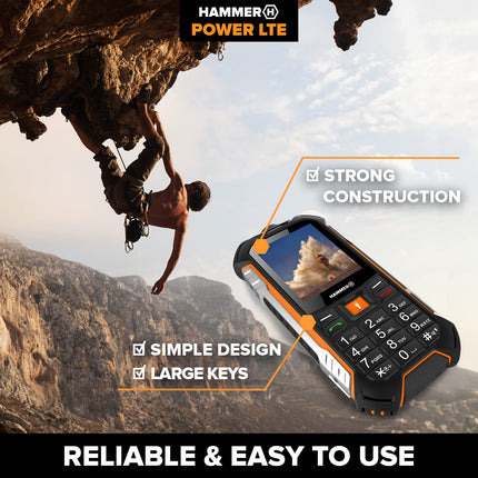 Hammer H Power LTE mobile phone without contract, 2.4-inch color display, robust, mega battery 3100 mAh, (IP68), shockproof, construction site buttons, flashlight, dual SIM, 256 MB keypad phone - black