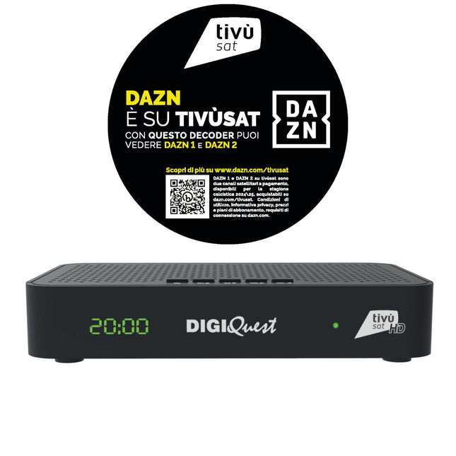 DIGIQUEST Tivùsat Maximo Combo vastuvõtja | DVB-S2 ja DVB-T2 | 2-ühes kaugjuhtimispult | Tivùsat kiipkaart kaasas | Salvestusfunktsiooni saab aktiveerida | DAZN 1 ja 2 kanalit lubatud | Must