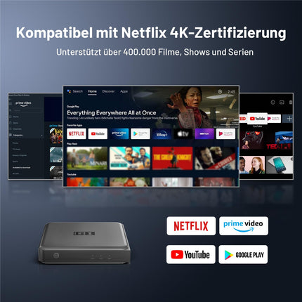 Android TV Box - 4K nutiboks Android TV 14.0, ühildub Google'i ja Netflixi sertifikaatidega, toetab Dolby Vision DD+, DTS-i, 4 GB RAM-i ja 32 GB ROM-i, WiFi6, BT5.0, AV1, HDR10+, häälassistent, Ethernet