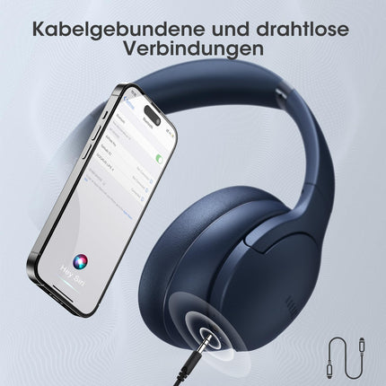 DOQAUS Kopfhörer Kabellos Bluetooth Bis zu 90 Std,Bluetooth Kopfhörer Over-Ear mit 3 EQ-Modi, HiFi Stereo, Eingebautes Mikrofon, Faltbares Wireless Headphones für Handys/iPad/Laptops/PC-Marineblau