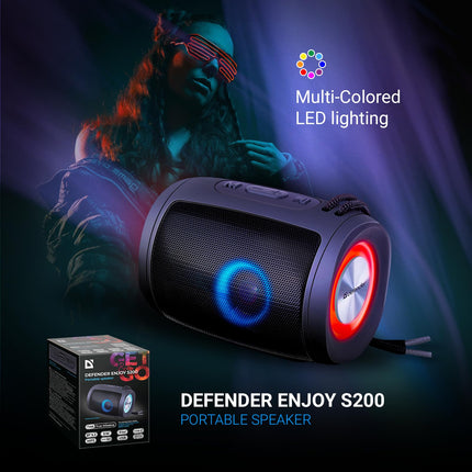 Defender® Enjoy S200 Bluetooth Speaker – Portable 5W Music Box with TWS, LED Light, Radio, USB, MicroSD, MP3, AUX, Microphone, Hands-Free Function &amp; 10h Battery – Wireless Mini Speaker with Handle