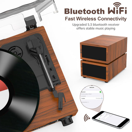 Udreamer Record Player with 2 Dual Stereo Speakers, Vintage Record Player Bluetooth 5.3 Supports 3 Speeds, AUX-In, RCA Line, USB, Wireless Playback, Brown