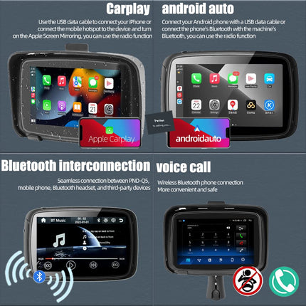 GOFORJUMP juhtmevaba CarPlay ja Android Auto 5-tolline puutetundliku ekraaniga mootorratta navigaator IPX7 veekindel mootorratta Bluetooth-ühendus
