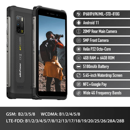 Ulefone Armor X10 PRO Outdoor Smartphone Without Contract, 20MP Underwater Camera, Helio P22 4GB+64GB, 5.45" IP68 Waterproof Mobile Phone Android 11, 5180mAh Battery, 3-Card Slot, Face Unlock NFC Black