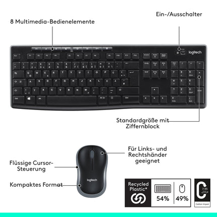 Logitech MK270 Combo Keyboard and Wireless Mouse with Wireless Nano Receiver (QWERTZ- German Keyboard Layout) Black