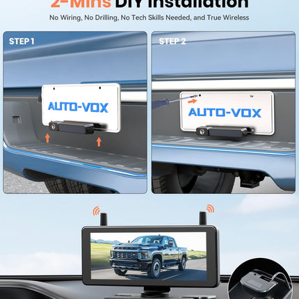 AUTO-VOX 7.2" DVR kaasaskantav päikesepatareiga tagurduskaamera juhtmevaba: 2-minutiline kiire paigaldus, 1080P HD, IP69K veekindel tagurduskaamera autole, veoautole, haagissuvilale ja haagisele.