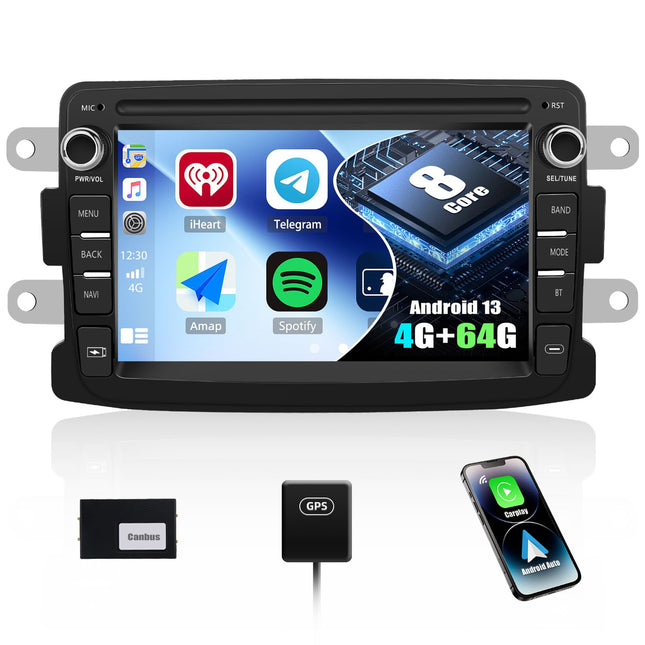 4G+64GB Android 13 CAMECHO Car Radio HiFi for Renault Dacia Logon/Duster/Logon/Duster with Navigation Carplay Android Auto Wireless, Double Din with 7-inch Screen with RDS/FM MirrorLink Bluetooth DSP
