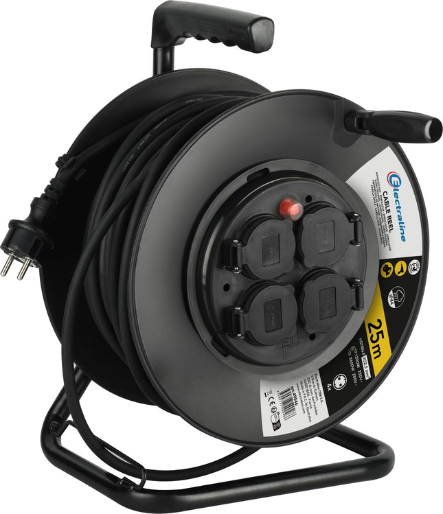 Electraline 49046, professionaalne kaablirull, H07RN-F 3G2.5 kaabel, 25 m kaabel/kaablirull 4 Schuko pistikupesaga, IP44