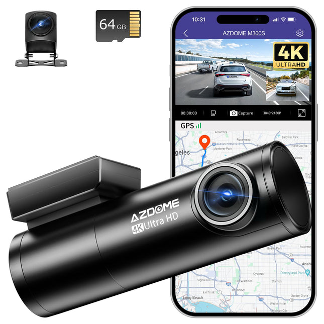 AZDOME auto armatuurlaud esi-taga 4K+1080P, WiFi GPS armatuurlaud, autokaamera 64G SD-kaardiga, ADAS, superöine nägemine, WDR, tsükkelsalvestus, G-andur, parkimise jälgimise autokaamera