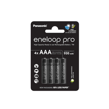 eneloop pro, AAA/Micro NI-MH laetav aku, 4 tk pakis, mahutavus min. 930 mAh, kasutusvalmis NI-MH akud, laetav kuni 500 korda, plastvaba pakend, pro, must