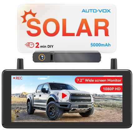 AUTO-VOX 7.2" DVR kaasaskantav päikesepatareiga tagurduskaamera juhtmevaba: 2-minutiline kiire paigaldus, 1080P HD, IP69K veekindel tagurduskaamera autole, veoautole, haagissuvilale ja haagisele.