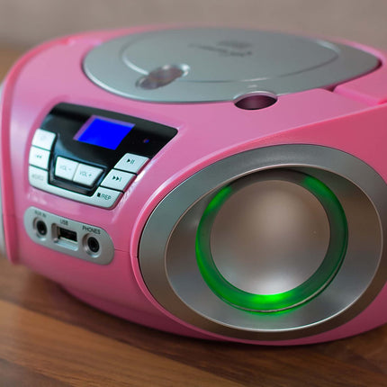 Cyberluxi CD-mängija LED-valgustusega, kõrvaklapipesaga, kaasaskantav stereoraadio, lasteraadio, stereosüsteem, USB, CD/MP3-mängija, FM-raadio, kõrvaklapipesa, Aux-sisend Pretty Kitty Pinkis