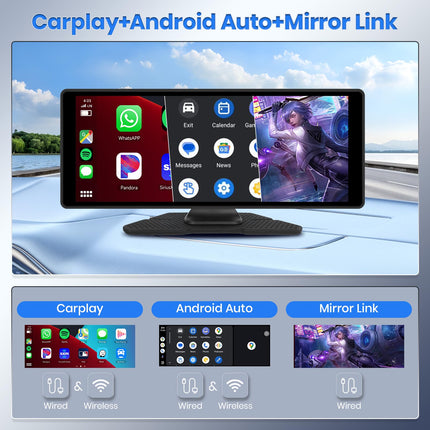 Juhtmevaba CarPlay ja Android Auto, Hodozzy 10,26-tolline kaasaskantav autoraadio Bluetoothiga ja IPS-puutetundliku ekraaniga, CarPlay ekraan koos Mirror Linki/hääljuhtimise/AUX/USB+tagurduskaameraga