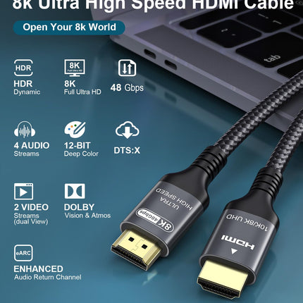Adauxter 10K 8K HDMI 2.1 kaabel 7,5M, sertifitseeritud 48 Gbps ülikiire HDMI-kaabel Ethernetiga 4K 240 Hz 165 Hz 144 Hz 120 Hz 8K 60 Hz eARC HDCP2.3 HDR10+ arvuti sülearvuti teler monitor projektor PS5 X-Box