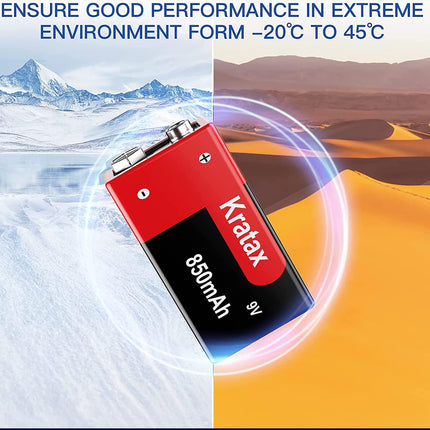 Kratax 9V Block 850 mAh Rechargeable Lithium-ion Batteries. [4 Pack] Suitable for multimeters, alarm systems, walkie-talkies, etc.