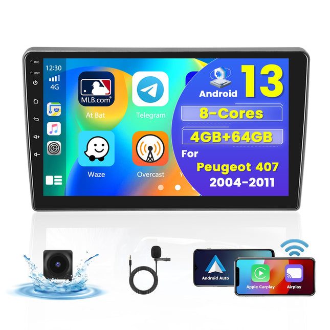 [8 südamikku 4G + 64G] Hikity autoraadio Android 13 Peugeot 407 2004-2011 9-tollise puutetundliku ekraaniga autoraadio 1280 * 720 piksliga 32EQ FM RDS juhtmevaba Carplay Android Auto GPS navigatsioon WiFi tahavaatekaamera