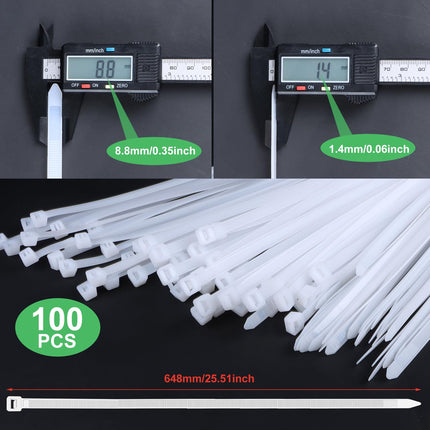 Cable Ties White Extra Long 100 Pieces 650 × 8.8mm Wide Cable Ties with 70 kg tensile strength Can be used indoors and outdoors for cable management