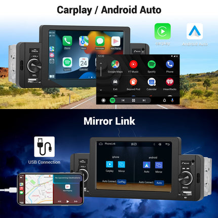 Hodozzy 1 DIN autoraadio, Carplay, Android Auto, 5-tolline puutetundlik ekraan, raadio, FM-raadio, stereo, Mirror Link, Bluetooth, USB/AUX-sisend, SD-kaardi pesa, juhtmevaba ...
