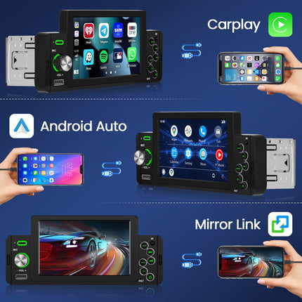 Hikity autoraadio 1 DIN Carplay ekraaniga Android Auto raadio Bluetoothi ​​ja vabakäefunktsiooniga, 5-tolline puutetundlik ekraan, autoraadio FM/EQ SWC Type-C/AUX/USB+tagurduskaamera