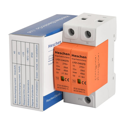 Hescheni ülepingekaitseseade, LYD1-C40/275, 2P 275V 20KA tulekindel madalpingepiirik, 35 mm DIN-rööpale kinnitatav