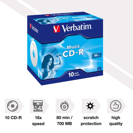 Verbatim Music CD-R 80 min, 10 tk Jewel Case'is, CD toorikud, 16x kirjutuskiirus ja pikk eluiga, tühjad CD-d, heli-CD toorikud muusika varundamiseks, muusika-CD