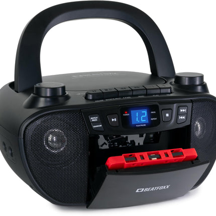 Beatfoxx CDB-1016 BK Boombox kasseti, CD-mängija, raadio ja kandekäepidemega - Diktofon AUX-sisendiga ja kõrvaklapiväljundiga - Toiteallikaks toitekaabel või 6x C-tüüpi patareid - Lastele ja täiskasvanutele