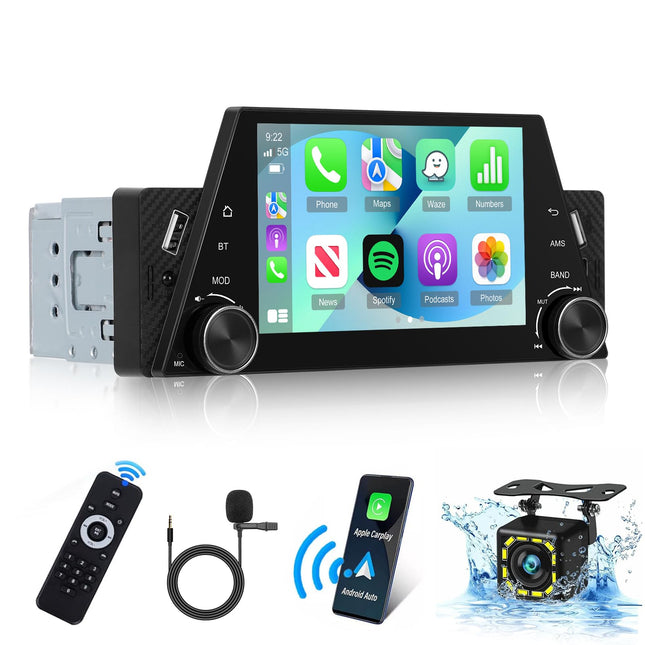 1 DIN autoraadio juhtmevaba Carplay ja Android Auto funktsiooniga - 5-tolline HD puutetundliku ekraaniga autoraadio ekvalaiseri, Mirror Linki, FM-raadio, Bluetoothi, AUX/USB/Type-C pordi, juhtmevaba ...