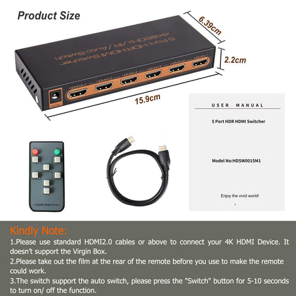 HDMI-lüliti 4k, HDMI-lüliti automaatne/manuaalne HDMI-lüliti 5 sisendi ja 1 väljundiga HDMI-jaotur, HDMI-jaotur toetab 4K 60hz/2K/1080P/3D/HDCP 2.2/UHD/HDR-i PS 3/4/XBOX One/360/DVD/HDTV jne jaoks