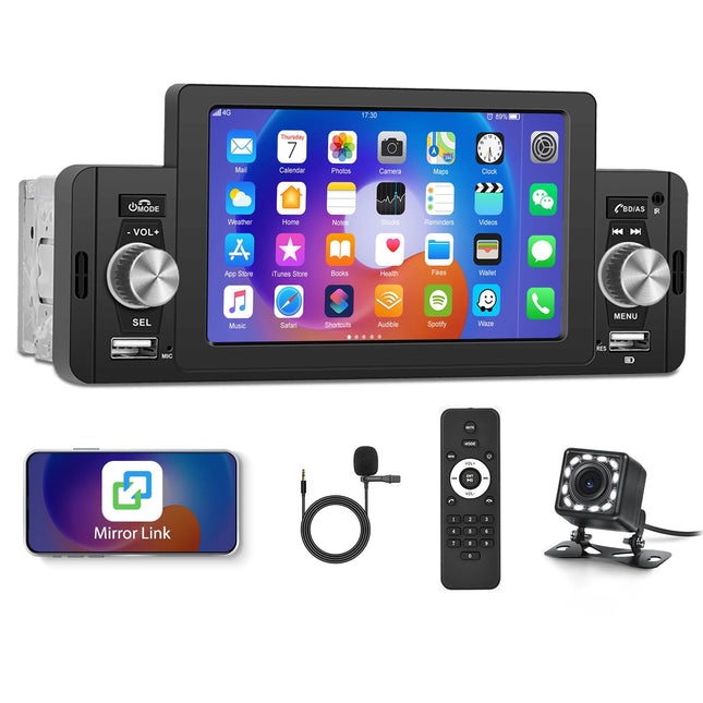 1 DIN autoraadio, 5-tolline puutetundliku ekraaniga autoraadio, Bluetooth-vabakäesüsteem, ühe DIN-iga FM-raadio koos peegliühendusega BT/USB/AUX-sisend/SD-kaardi pesa/rooliratta juhtimine + tahavaatekaamera + mikrofon