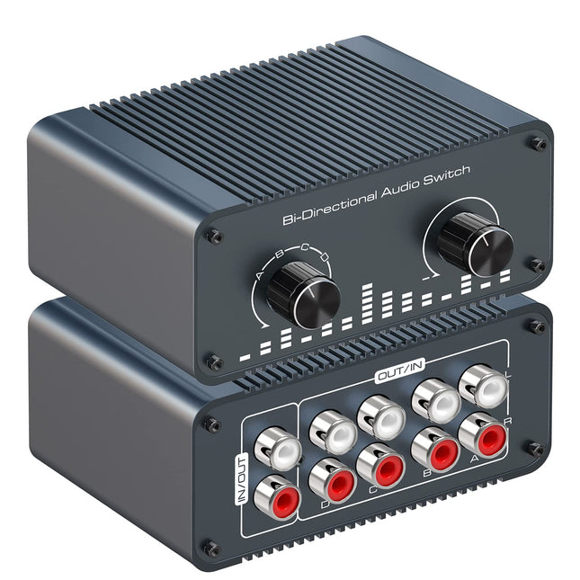 Tendaki kahesuunaline RCA L/R heli lüliti valija 4 sisendit 1 väljund / 1 sisend 4 väljundit vaikne analoog stereo heli lüliti helitugevuse regulaatoriga, heli jaotur kõlarite, kõrvaklappide ja arvuti jaoks