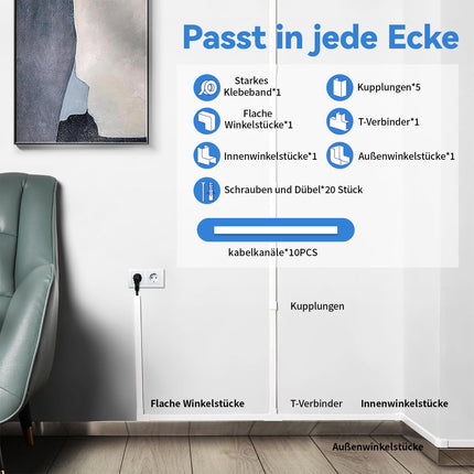 Valge isekleepuv kaablikanal 2,4 m (6 tk x P 400 mm * L 20 mm * K 10 mm), PVC kaablinahk, kaablikanali sein, värvitav ja lõigatav kaabliriba, kaablikanalid juhtmest kodukontorisse