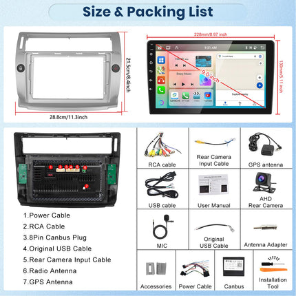 【8 tuumalist 2+64G】 Hodozzy Carplay autoraadio Citroën C4 2004-2009/C-QUATRE 2008-2011 Android autoraadio navigatsiooniga, 9-tolline puutetundlik ekraan koos Android Auto/WiFi/GPS/RDS/FM/Bluetooth/USB/DSP-ga