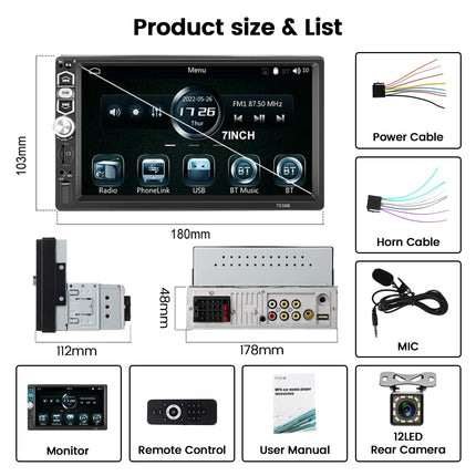 Hikity autoraadio 1 DIN juhtmega, Carplay, Android Auto, Bluetooth, vabakäesüsteem, 7-tolline puutetundlik ekraan, Mirror Link, FM/EQ/AUX/SD+ tahavaatekaamera ja mikrofon