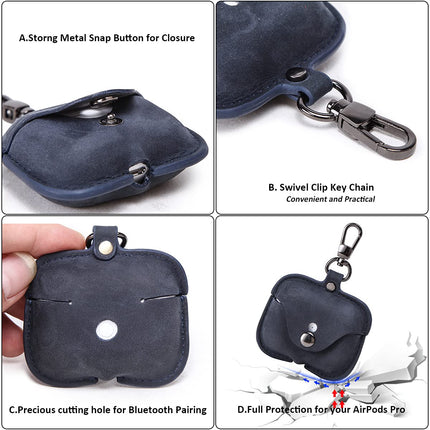 Hiram Crazy Horse Leather Earphone Case Compatible with AirPods Pro, Durable and Soft Leather Travel Pouch with Keychain