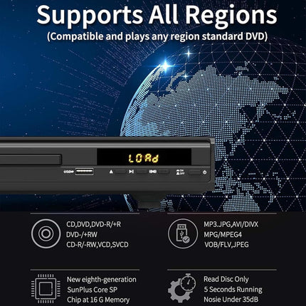 HDMI DVD-mängija 1080P, mitme regiooni tuvastus teleri jaoks, HDMI AV-port/USB/mikrofoni sisend, NTSC/PAL süsteem, kaugjuhtimispult, HD kõigi piirkondadega