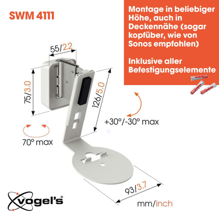Vogel's SWM 4111 kõlari seinakinnitus Sonos ERA100 kõlarile, max. 5 kg, kallutus -30°/+30°, pöörlev kuni 70° (vasakule/paremale), valge (1tk)