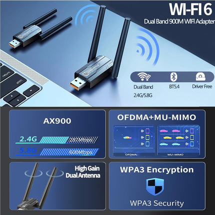 【2-IN-1】 WLAN6&amp;5.4 Bluetooth-adapter lauaarvutile, sülearvutile, 2,4 GHz/5,8 GHz sagedusala WiFi-adapter, suure võimendusega kahe sagedusalaga 5 dBi antenniga traadita võrguadapter, ühildub Windows 10/7/8/8.1/XP/Vista Mac OS-iga