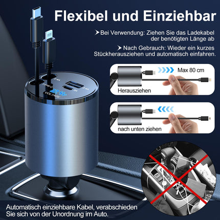 AmazeFan Retractable Car Charger 60W Mobile Phone Fast Charger, 12V USB Cigarette Lighter Adapter with Lightning and Type-C Cable, Car Charger USB C Compatible with iPhone/Galaxy/Pixel/Google Pixel