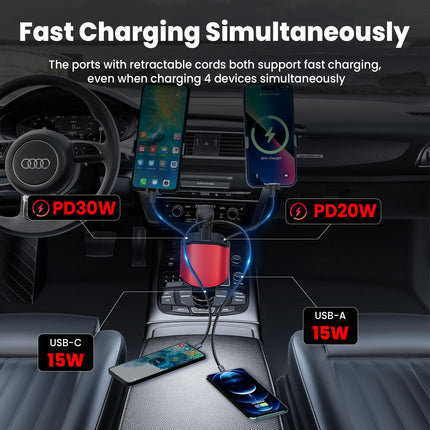 PLDHPRO 4 in 1 80W Car Charger, Retractable USB-C iOS Cable, Cigarette Lighter Fast Car Charger for iPhone 16/15/14/13 Samsung Galaxy s24/23/22/a55/ultra/pixel/iPad-Red