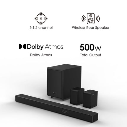 Hisense AX5125H 5.1.2 heliriba juhtmevaba subwooferiga ja tagumiste kõlaritega, 500W, Dolby Digital Plus, Dolby Atmos, Bluetooth, HDMI eARC/optiline/AUX/USB, must (2024)