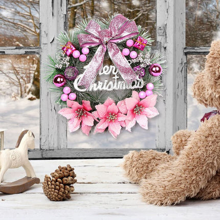 Warmiehomy Christmas Wreath, 30 cm Artificial Front Door Wreath, Hanging Garland with Flowers and Bow, Christmas Decoration, New Year Decoration, Gift, Pink