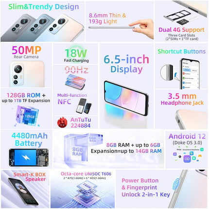 Blackview A85 lukustamata mobiiltelefon, 50MP + 8MP kaamera, 8GB + 128GB, 6,5" HD+ 90Hz, 18W kiirlaadimine, kahe SIM-kaardiga Android 12 nutitelefon, 3 kaardipesa (2 SIM-kaarti + 1 TF-kaart), sõrmejäljelugeja, GPS, NFC, must